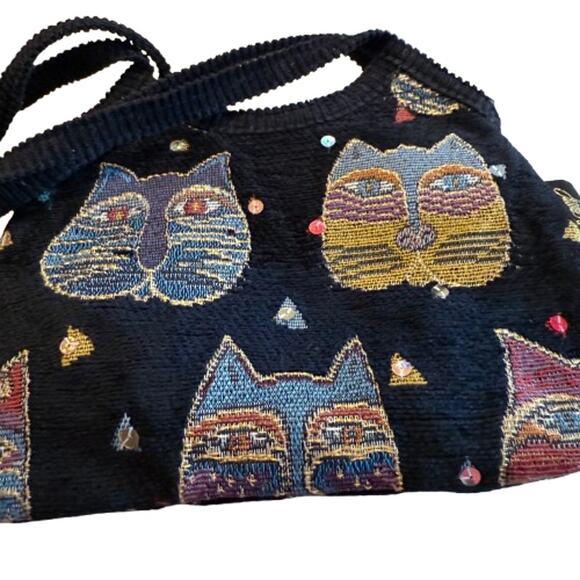 Laurel Burch Black Fabric Sequin Cat Face Hand Bag - Picture 6 of 6